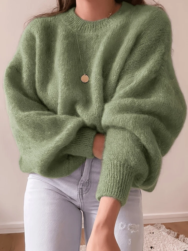 Casual Fall Winter Pullover Jumper Top Women Oversized Fuzzy Knit Sweater Chic Crew Neck Long Lantern Sleeve Loose Soft Sweaters