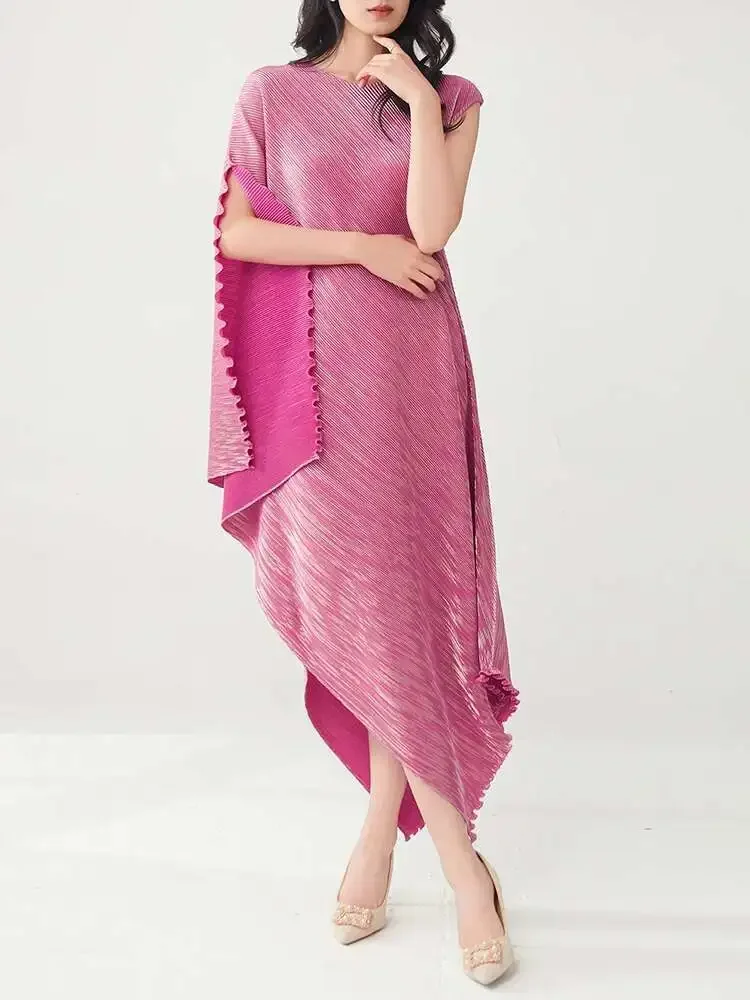 

Miyake 2025 Summer New Women Round Neck Mullet Pullover Summer Dresses Fashion Pleated Irregular Long Dresses Women's Evening