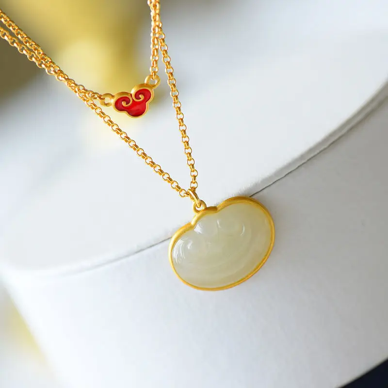 Natural Hetian White Jade Auspicious Cloud Pendant Ladies Clavicle Chain Chinese Style Enamel Porcelain Charm Silver Jewelry