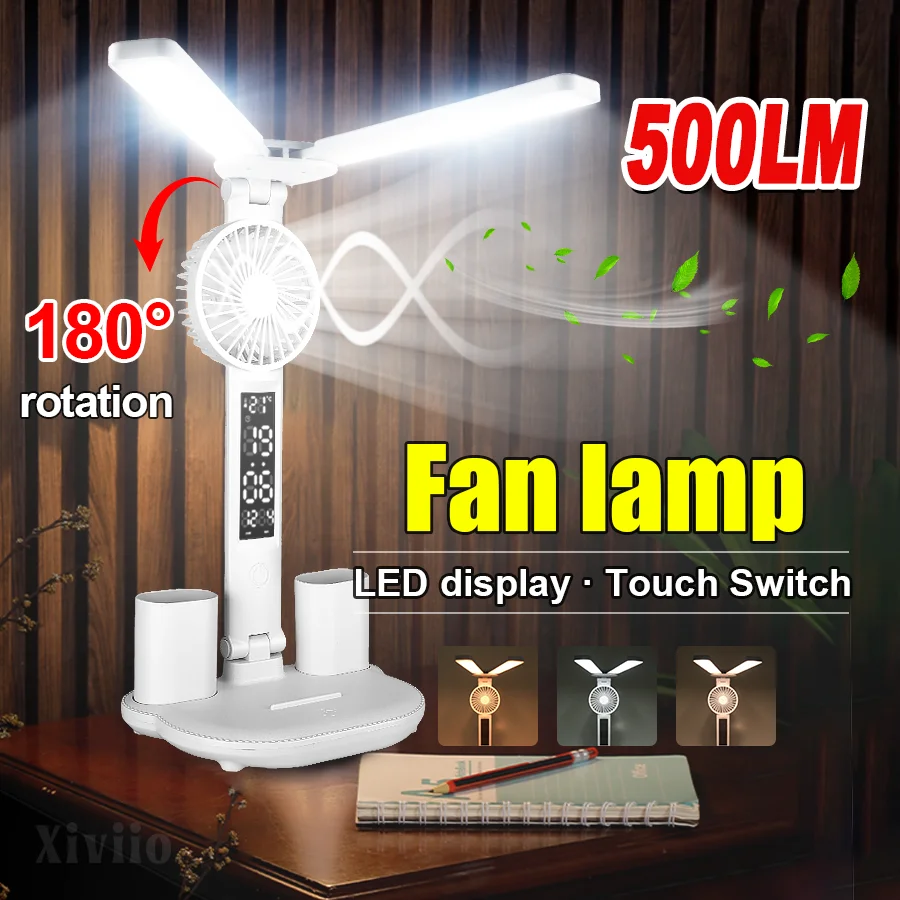 

500LM Fan Table Light Type-c Charging Dimmable Table Desk Lamp Reading Light Foldable Both End Smart Display Clock Night Light
