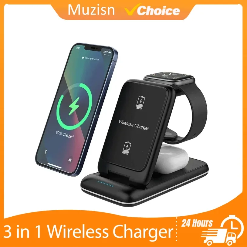 

Складная подставка для беспроводного зарядного устройства 3 в 1, док-станция для быстрой зарядки 30 Вт для iPhone 16, 15, 14, 13, 12, 11 iWatch 8 7 6 Airpods Pro