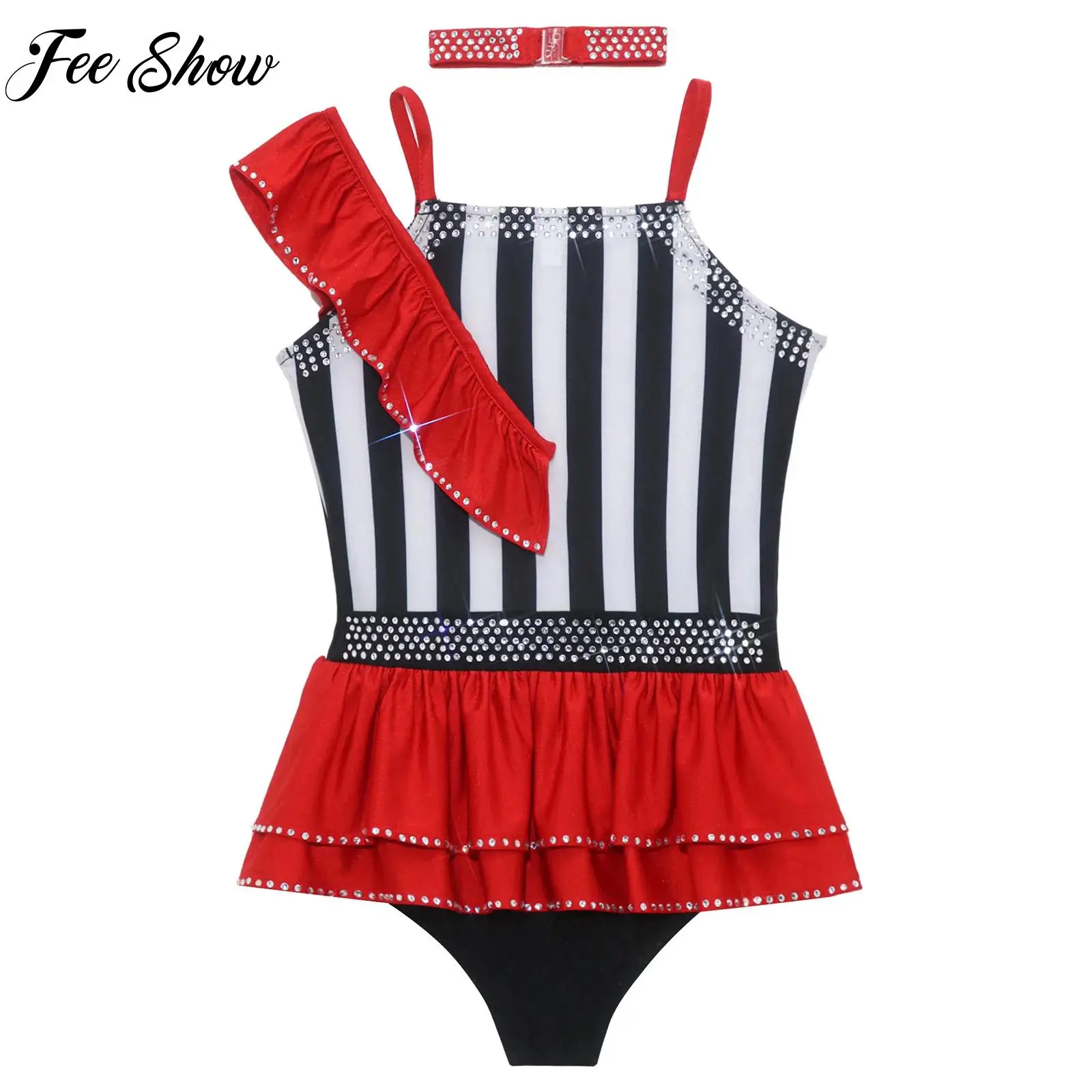 Kids Girls Ballet Striped Leotard Performance Halloween Circus Costume Sleeveless Ruffled Bodysuit with Choker for Theme Party
