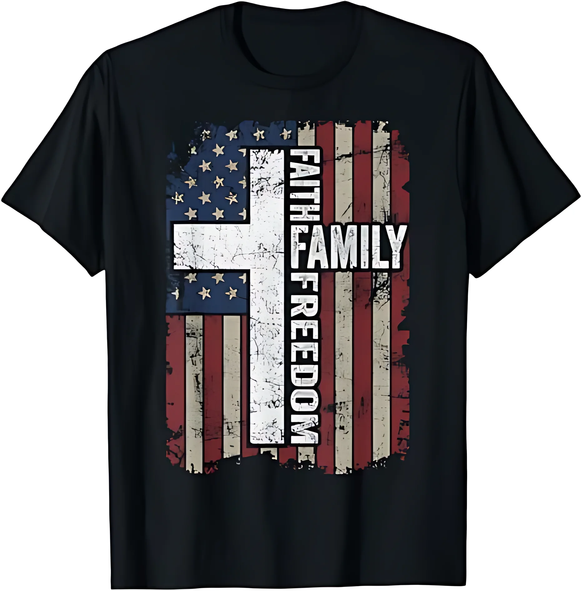 

Faith Family Freedom - Patriotic Christian Vintage USA Flag T-Shirt for Men and Women LWF 180g
