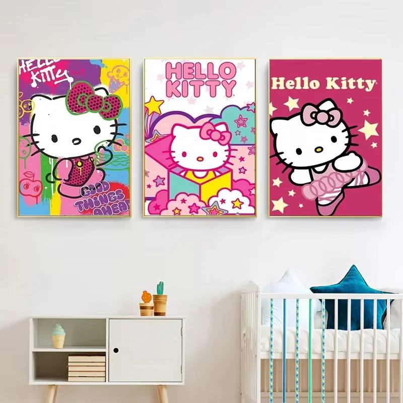 Japanese Anime Cartoon Character Sanrio Canvas Painting Hello Kitty Posters Wall Art Mural Picture Girls Room Home Decor Cuadros