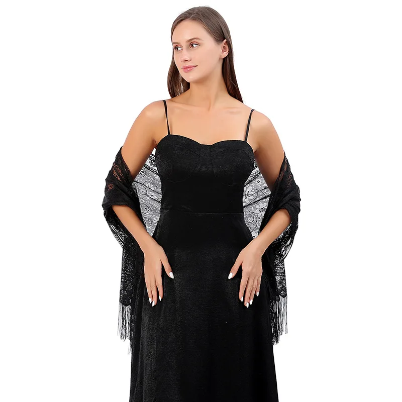 Lady Hollow Out Kanten Sjaal voor Party Vrouwen Zomer Bikini Sjaal Kwastje Effen Kleur Moslim Hoofddoek Vakantie Ademend Strand Wrap