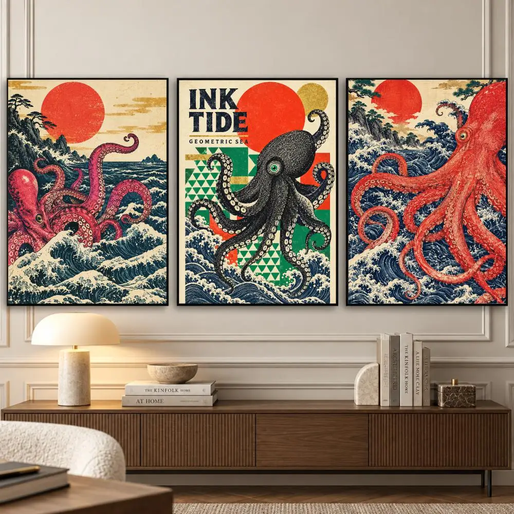 Japanese Octopus Prints Painting Calligraphy 3 PCS Vintage Fashion Canvas Wall Art Prints for Living Room Decor