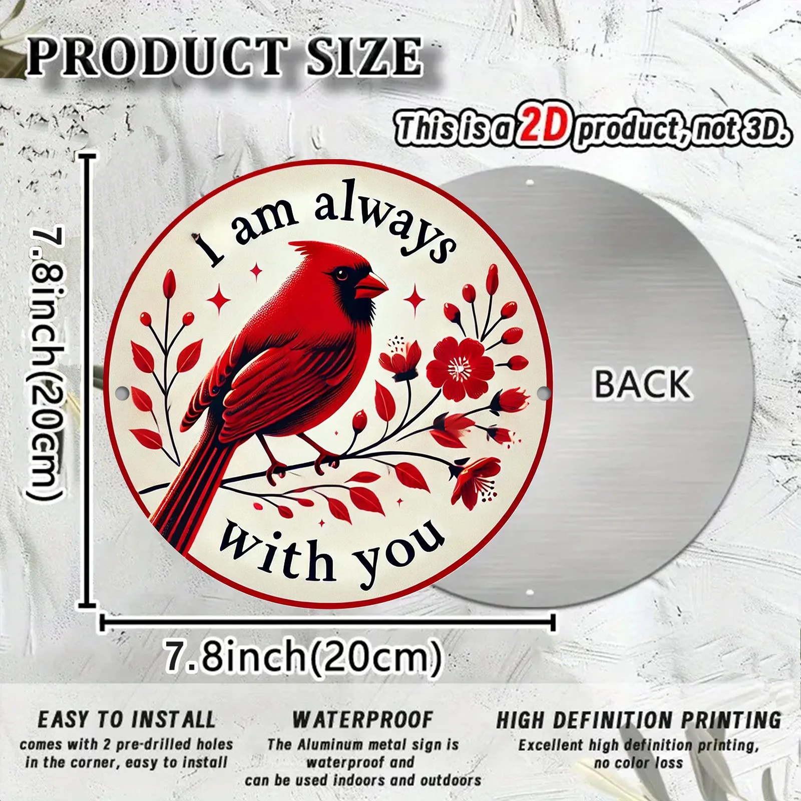 لوحة فنية جدارية من الألومنيوم على شكل طائر أحمر عتيق - لافتة معدنية مستديرة ثنائية الأبعاد مع طباعة عالية الدقة، ديكور سهل التعليق للمنزل والحديقة والبار والمقهى والمزيد - وات #2