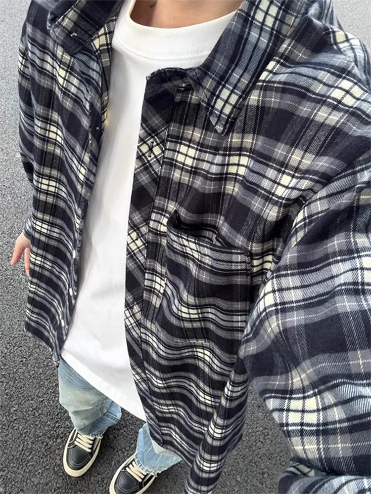 

Мужская удлиненная куртка в синюю клетку в американском ретро-стиле, высококачественная, с уникальным узором, для весны и осени, верхняя одежда