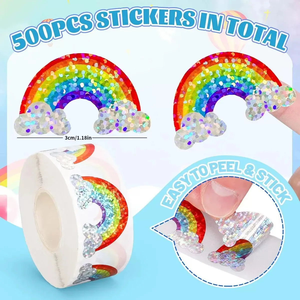 500Pcs Rainbow Shape Stickers Roll Laser Colored Seal Stickers Waterproof Self Adhesive Decals Envelope Packaging Decor Labels
