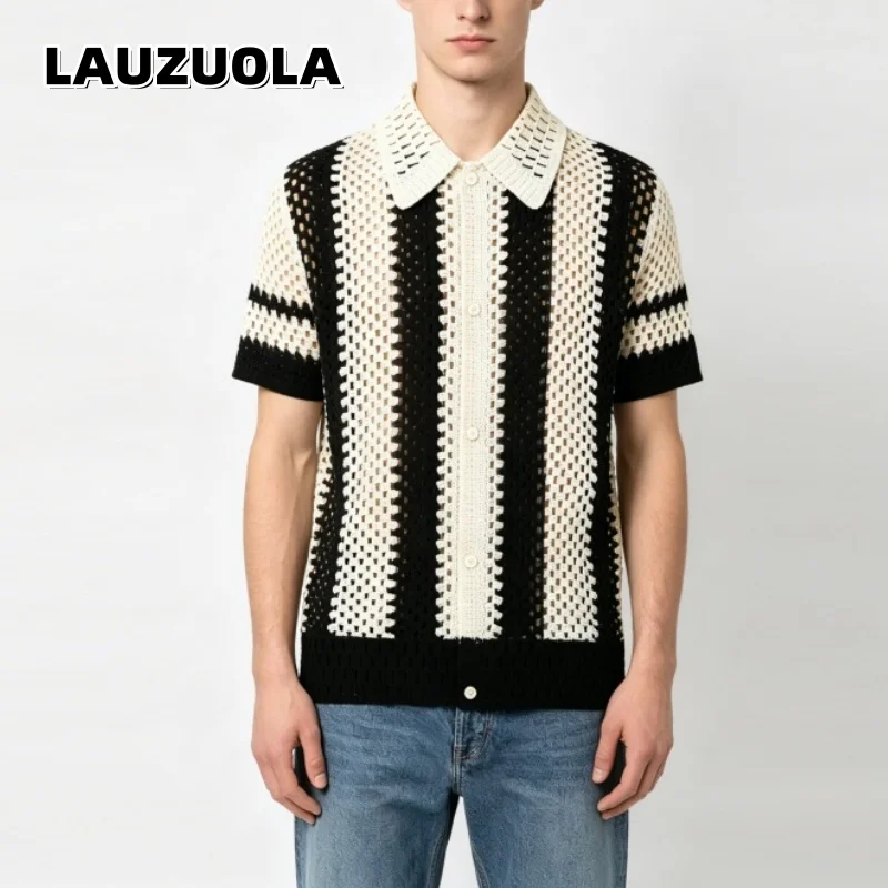 Men's Black White Striped Crochet Shirt Hollow Out Short Sleeve Button Up Casual Knit Beach Blouse Summer Streetwear Tops