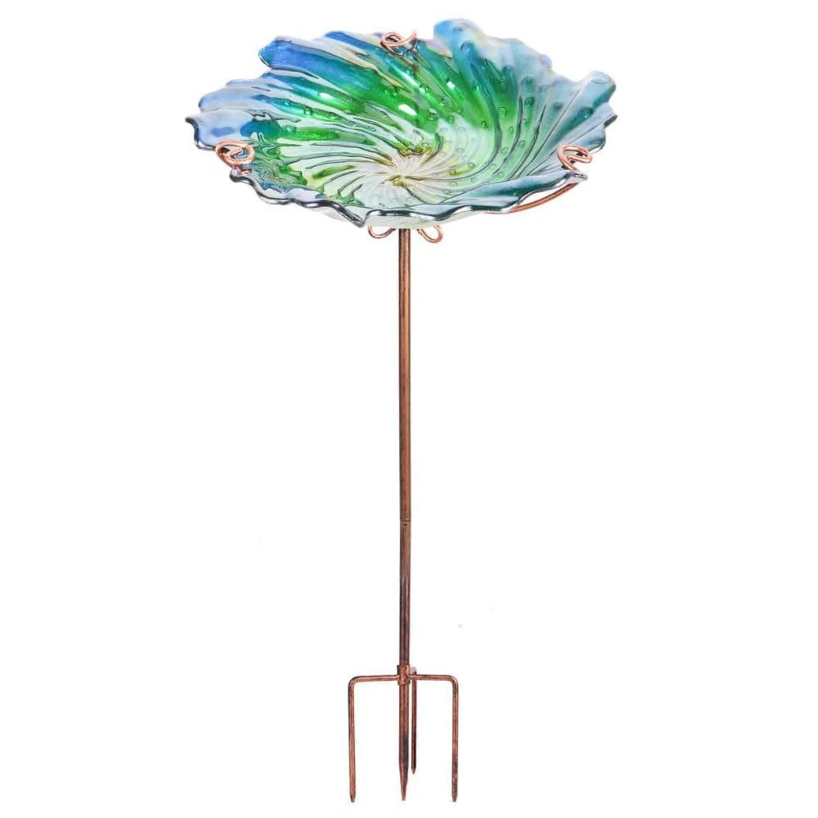 US 11.42 in. Glass Bird Bath Outdoor Birdbaths Garden Birdfeeder with Metal Stake Green