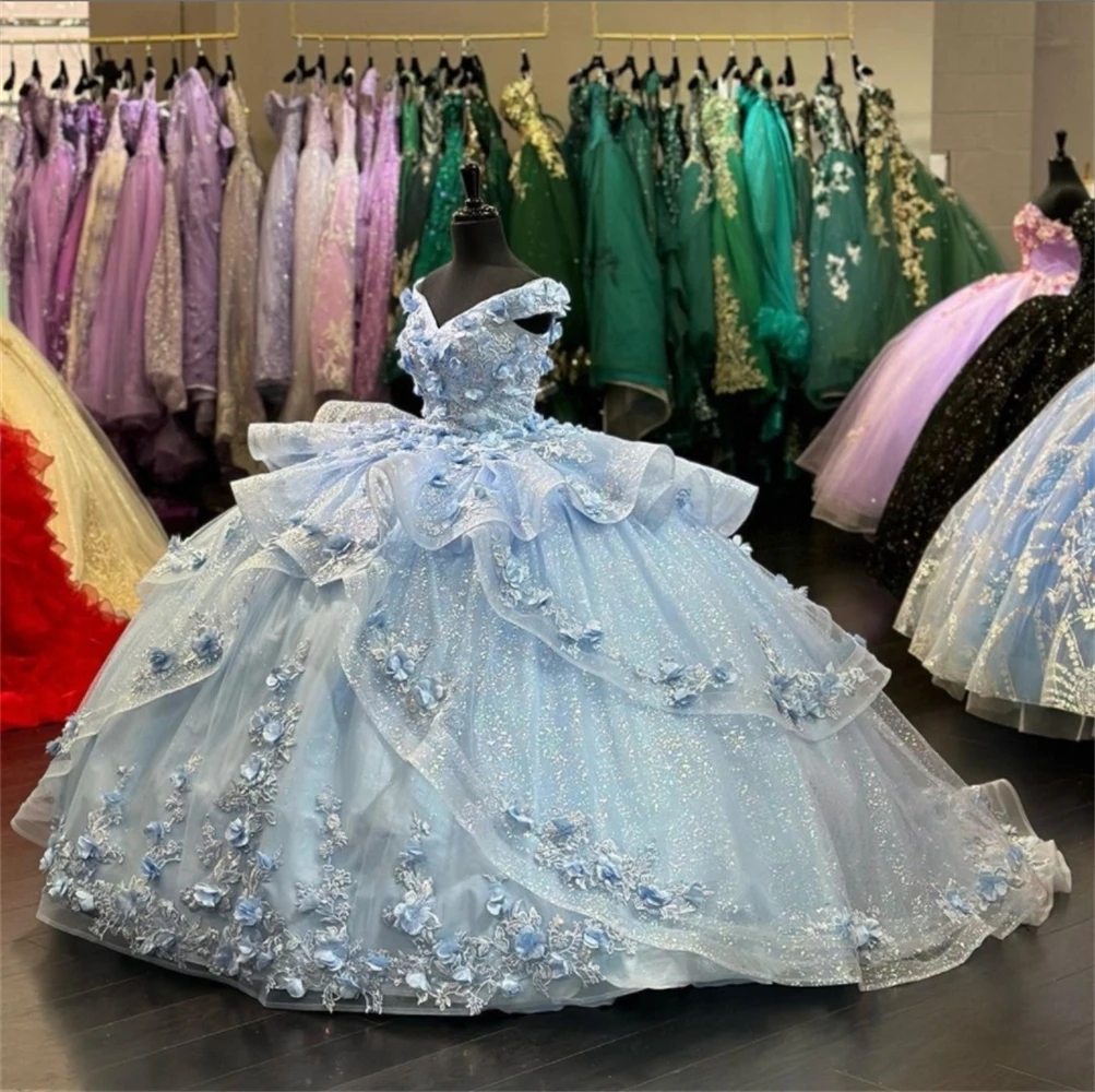 Vestido de baile de princesa con hombros descubiertos para niñas, vestido de quinceañera con cuentas, en 3D Flores, vestidos de fiesta de cumpleaños, graduación escalonada