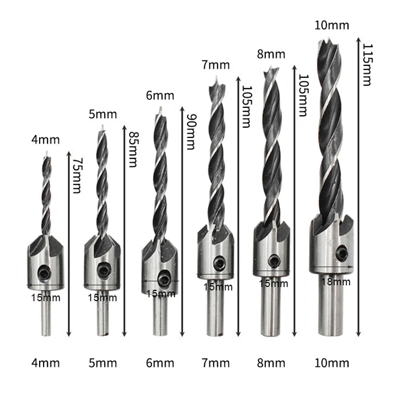 4-10mm Round Shank Countersink Drill Bit Flute Adjustable Tapered Bits for Wood with Allen Wrench Woodworking Drilling Tool