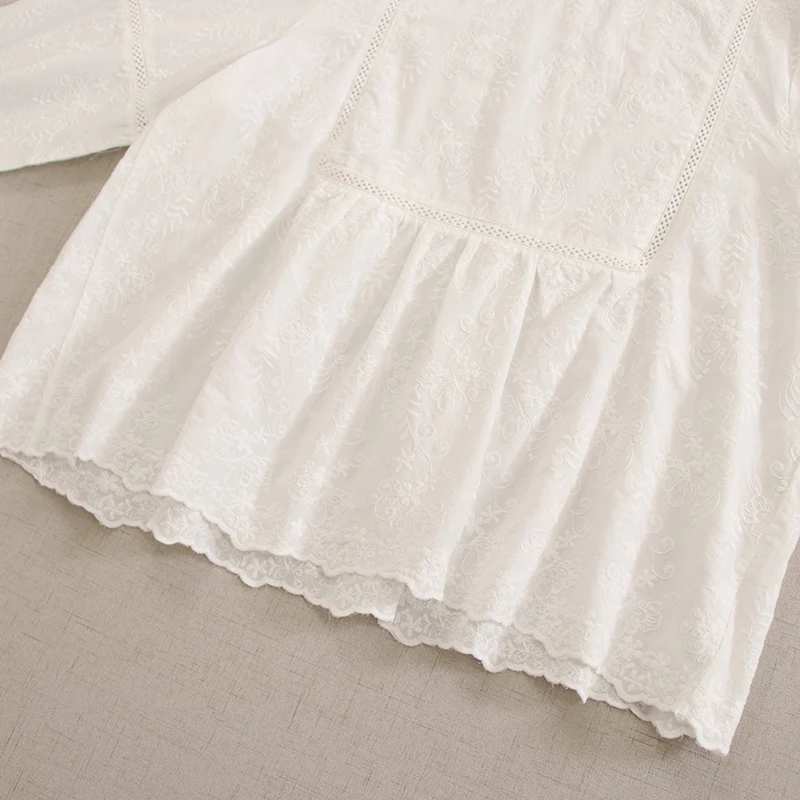 Spring New Japanese Mori Girl Sweet Embroidery Cotton Shirt Women O-Neck Long Sleeve Solid Color Casual Loose Blouse Tops