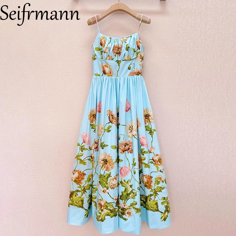 Seifrmann 2026 Sommer Damen Neues Modisches Trägerkleid aus Baumwolle mit Print und Taillenbetonung, mittellang