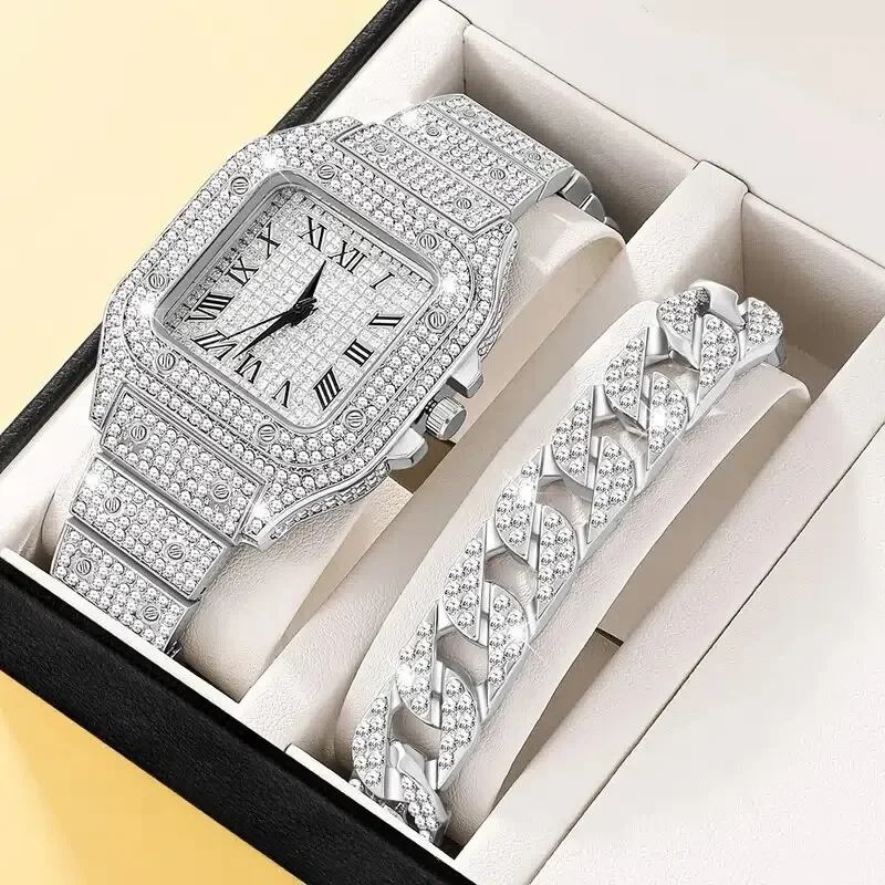 Fashion 2 pcs Set Hiphop Women Watch Men Iced-out Cuban Chain Bracelet Couple Quartz Watches Diamond Jewelry Gifts