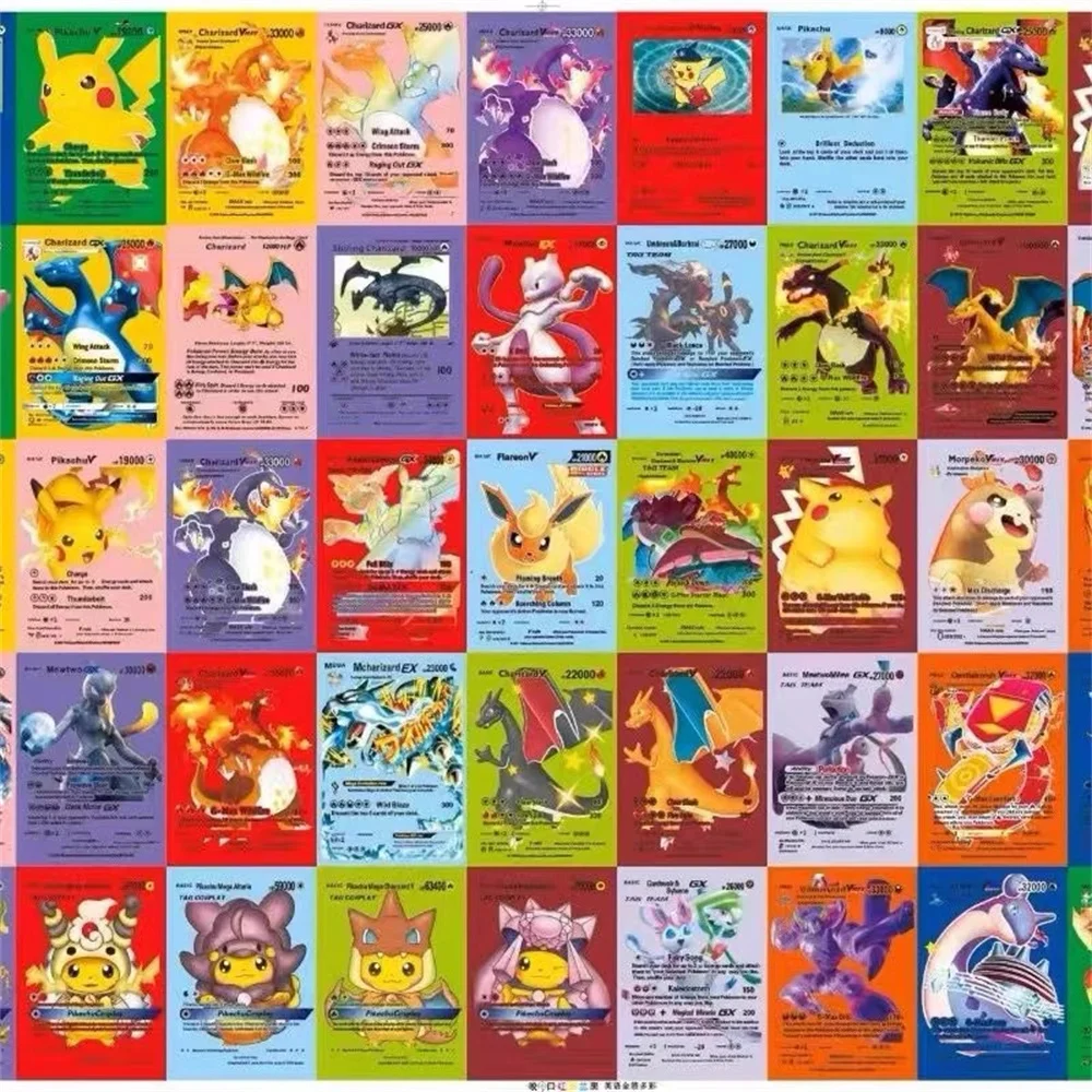 27-55szt Karty Pokemon Kolorowe Pikachu Złoto Srebrny Czarny Kolorowe Vmax GX Vstar Angielski Hiszpański Francuski Kolekcja Kart Zabawka Prezent