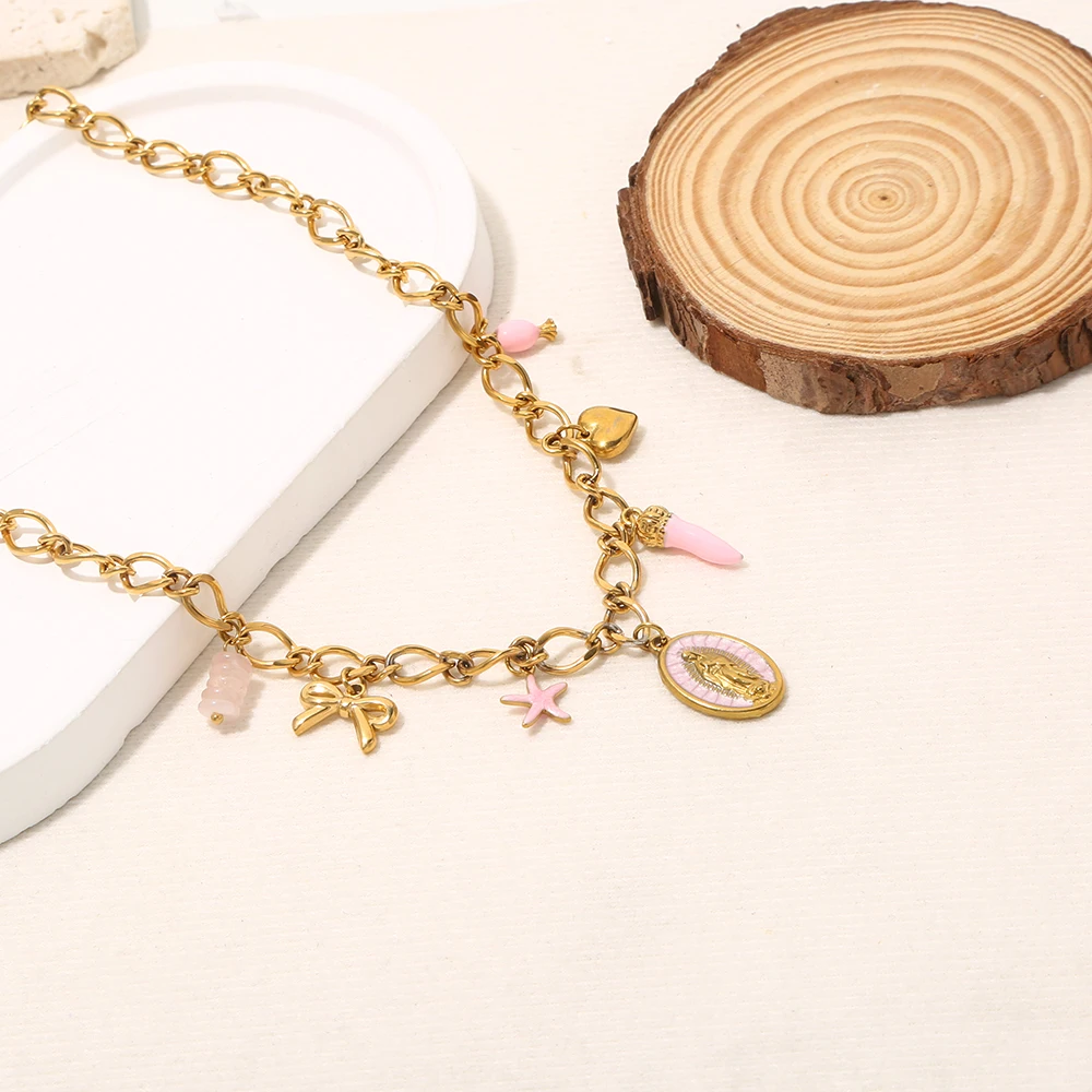 AURORA Y2K-Stil Jungfrau Maria Anhänger-Halsketten für Damen, Choker-Halskette, modische rosa Kollektion, Edelstahl-Schmuck – Detail 4