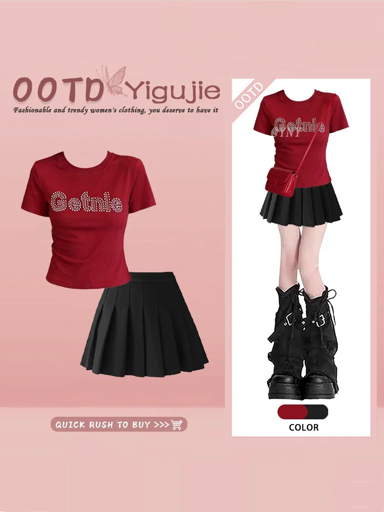 

Retro American Hot Girl Letter Embedded Diamond Red round Neck Short Sleeve T-Shirt Top Summer Skirt Set Two Pieces Set Women
