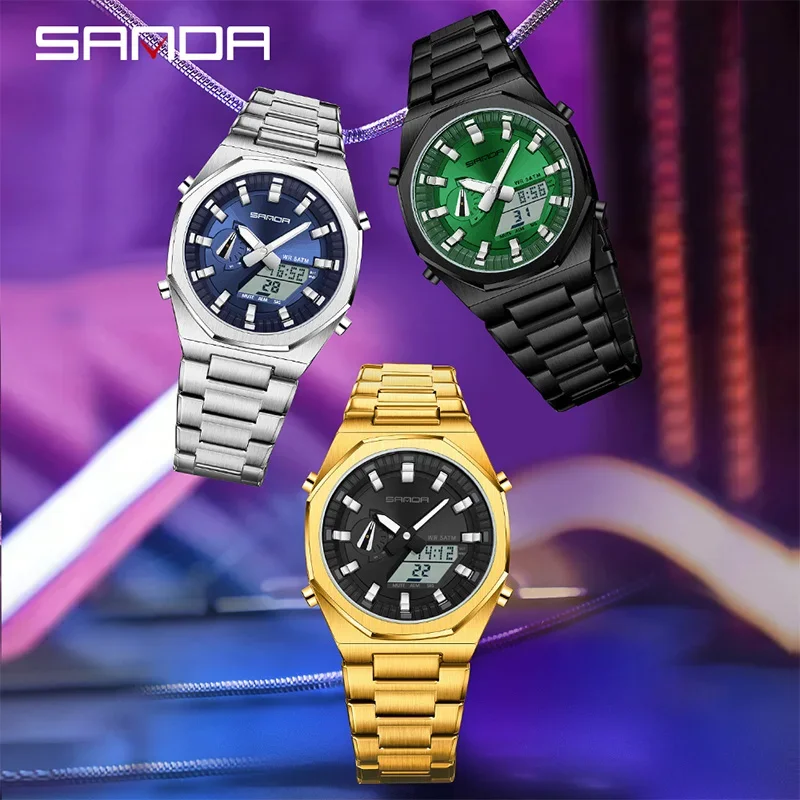 SANDA Luxury Man Electronic Watch Dual Display Countdown Alarm Clock Waterproof Watch Stainless Steel Quartz Male Sport Watch