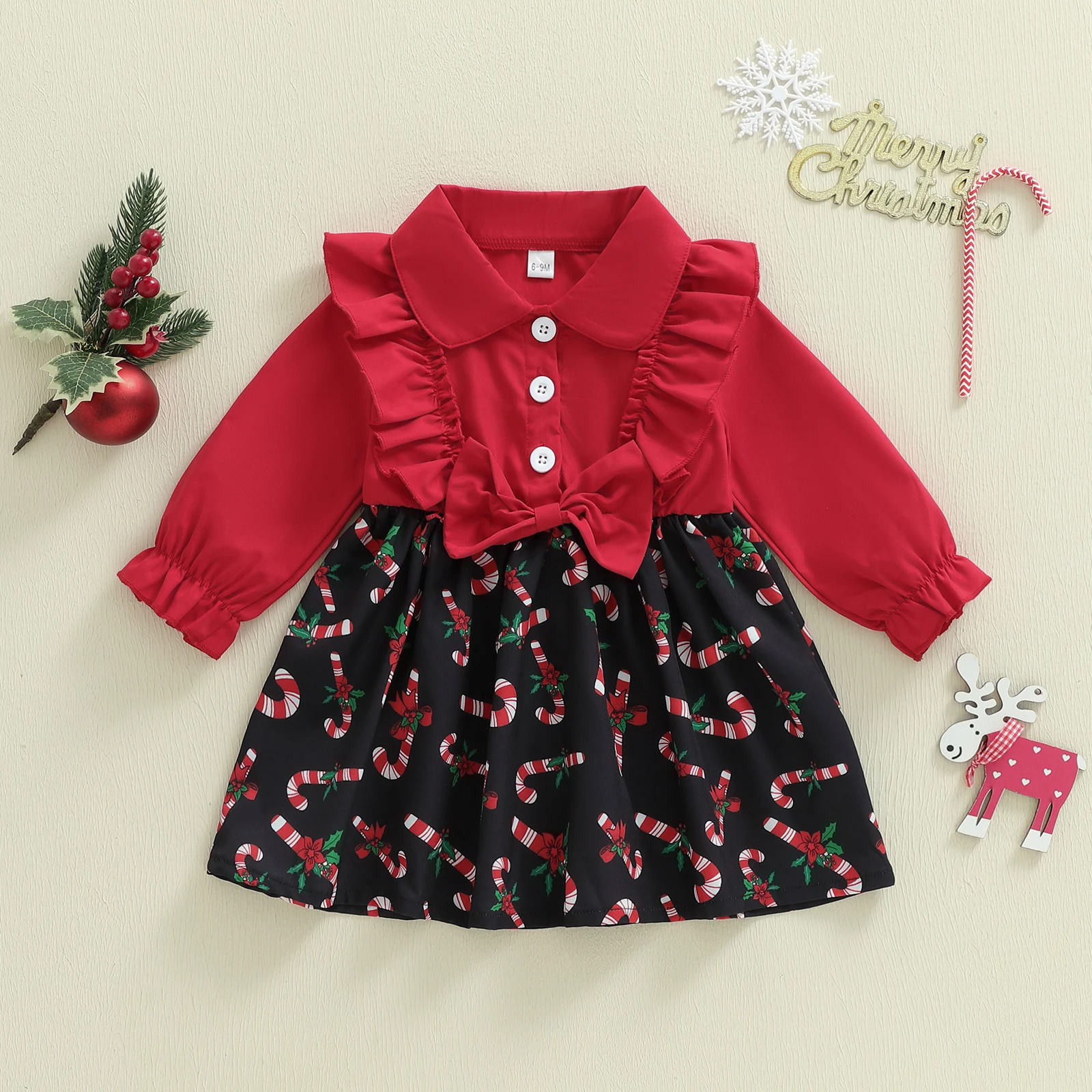 

Рождественское платье для маленьких девочек, милое платье с лацканами и длинными рукавами с принтом ярких тростей и повязкой на голову, комплекты из двух предметов