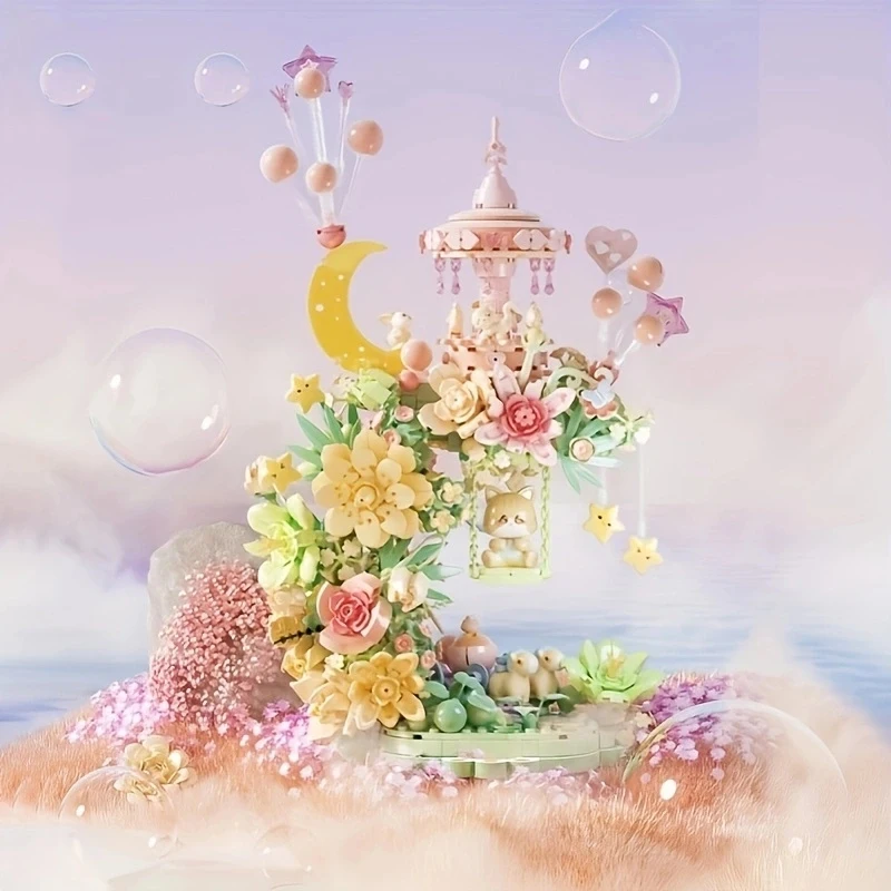 كاروسيل إبداعي لتزيين المنزل ، مكعبات بناء زهور لطيفة ، هدايا للبنات ، أرجوحة