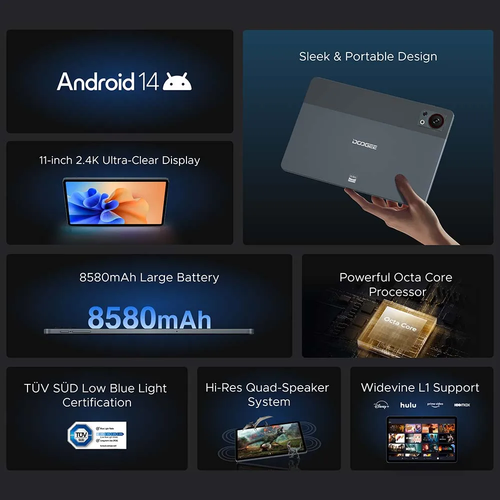 DOOGEE T30SE Tablet Android 14 4GB 128GB 11 "2.4K Semplificato T606 Octa Core Quad Altoparlanti 8580mAh Tablet