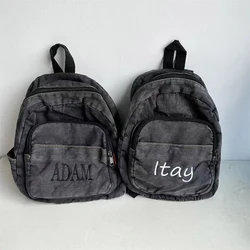 Personalized Embroidered Denim Backpack Ins Minimalist Casual Student Backpack Korean Version Vintage Washed Denim Backpack