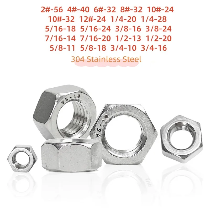

1-30pcs UNC 2#-56 to 3/4-16 304 A2-70 Stainless Steel UK US Standard Coarse Fine Thread Hex Hexagon Nut Hardware Fasteners