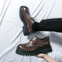 Men Leather Casual Handmade Shoes Platform Loafers Lace Up High Quality Green Thick Bottom Oxford Shoes Wedding Shoes