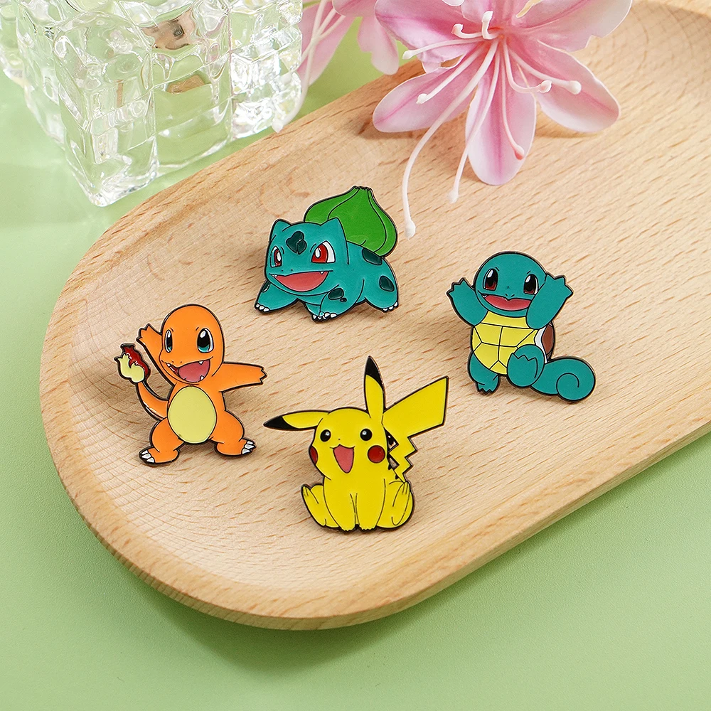 4Pcs Anime Pikachu Characters Enamel Brooch Badge Charmander Squirtle Bulbasaur Figure Lapel Pins Gifts For Fans Collectors