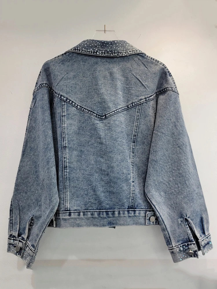 DEAT Vintage Fashion Women's Patchwork Design Design Loose Denim Coat 2024 Autumn Trendy Single Breasted Jacket Female 11A0676