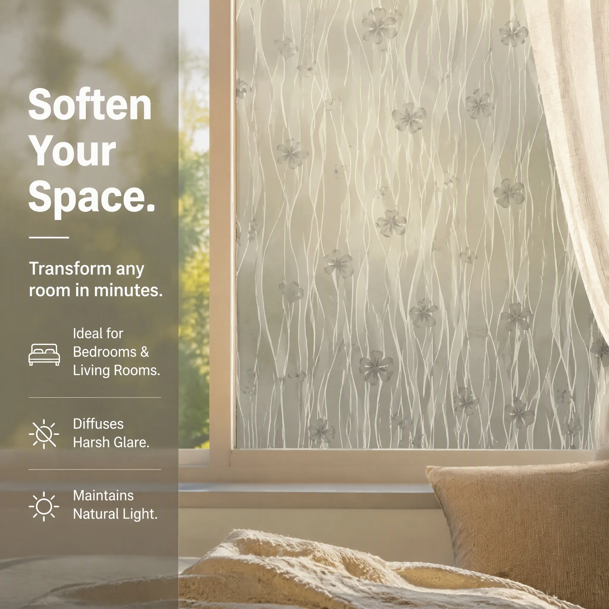 Minimalist Grey Wave Floral Butterfly Privacy Window Film Soft Light Filter with Built-in Adhesive Cuttable Modern Neutral PVC