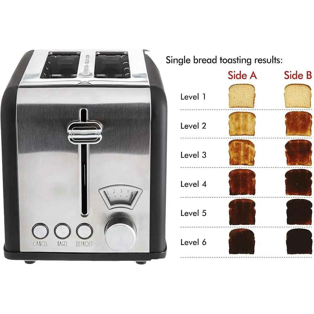 Stainless Steel 2 Slice Toaster Wide Slot 5 Browning Levels Bagel Defrost Cancel Function Easy Clean Removable Crumb Tray