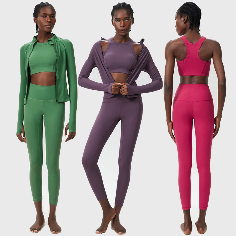 3 stücke Fitness Yoga Set Frauen Einfarbig Rippen Gym Anzug Langarm Training Läuft Sportswear Weibliche Atmungsaktive Workout Kleidung – Detail 3