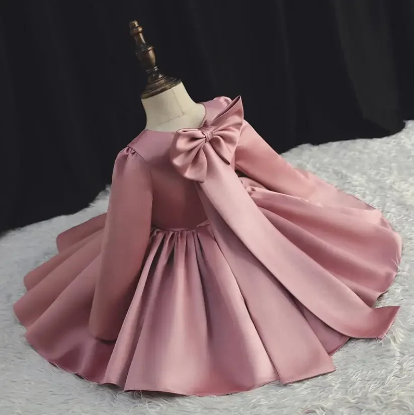 

Baby Girl Baptism Dress Bebe Boutique Bow Satin Christening Gown Evening Birthday Outfits Dresses for Infant Newborn Wedding