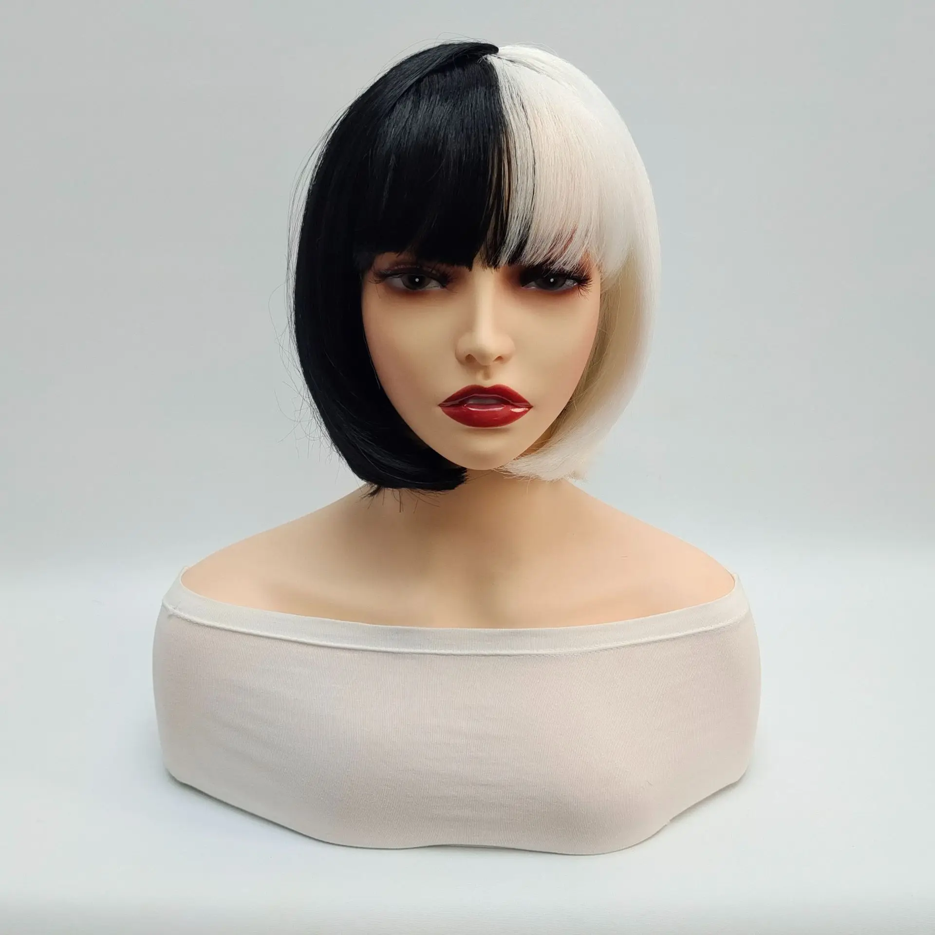 Synthetic Black White Half & Half Wig with Straight Bangs Bobo Cut Costume Party Hair Anime Style Cosplay Inspired Villain Look