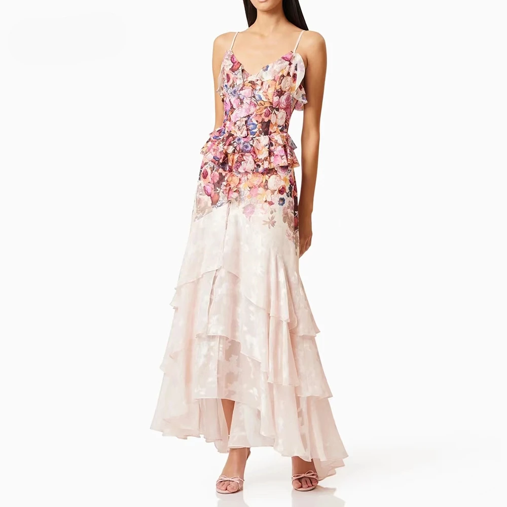 

Hit Color Printing Fairy Camisole Dresses For Women V Neck Sleeveless High Waist Spliced Ruffles Dress Female Fashion Style