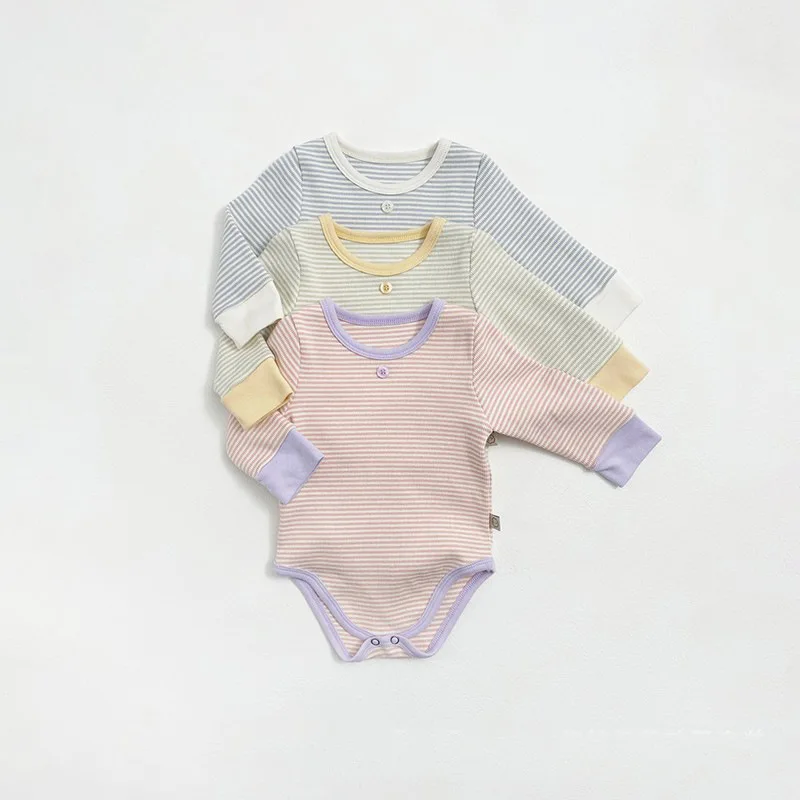 2026 Spring New Baby Long Sleeve Home Clothes Set Infant Boy Girl Striped Bodysuit + Leggings + Hat 3pcs Suit Newborn Outfits