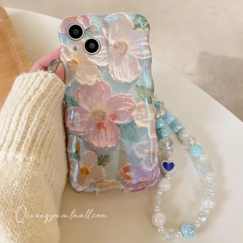 

Wave Edge Glass Retro Flower Suitable for iPhone 14 Promax 13 Pro Max12 Pro11pro max Bracelet Phone Case Protective Case