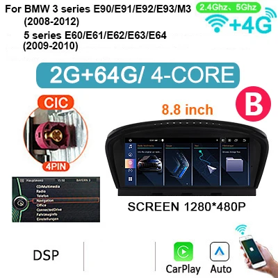Draadloze Carplay Android 15 Auto 8.8" Scherm Autoradio Stereo voor BMW 5 Serie E60 E61 E63 E64 3 Serie E90 E91 E92 M3 2004-2012 - afbeelding 1