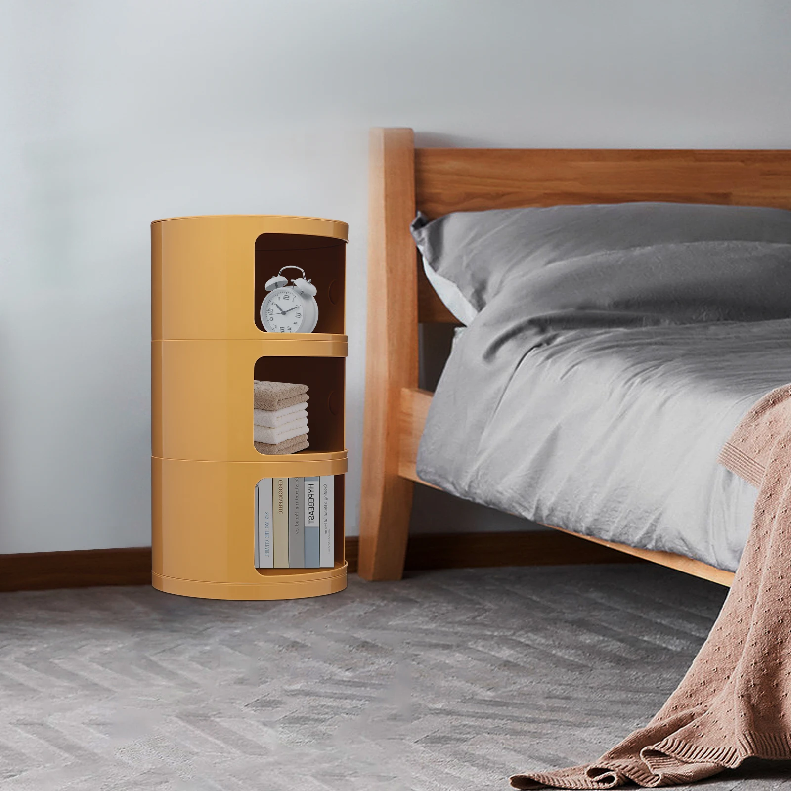 

3-Tier Floor Standing Minimalist Round Cabinet Round End Table Yellow with Storage Round Organizer Elevated Edges