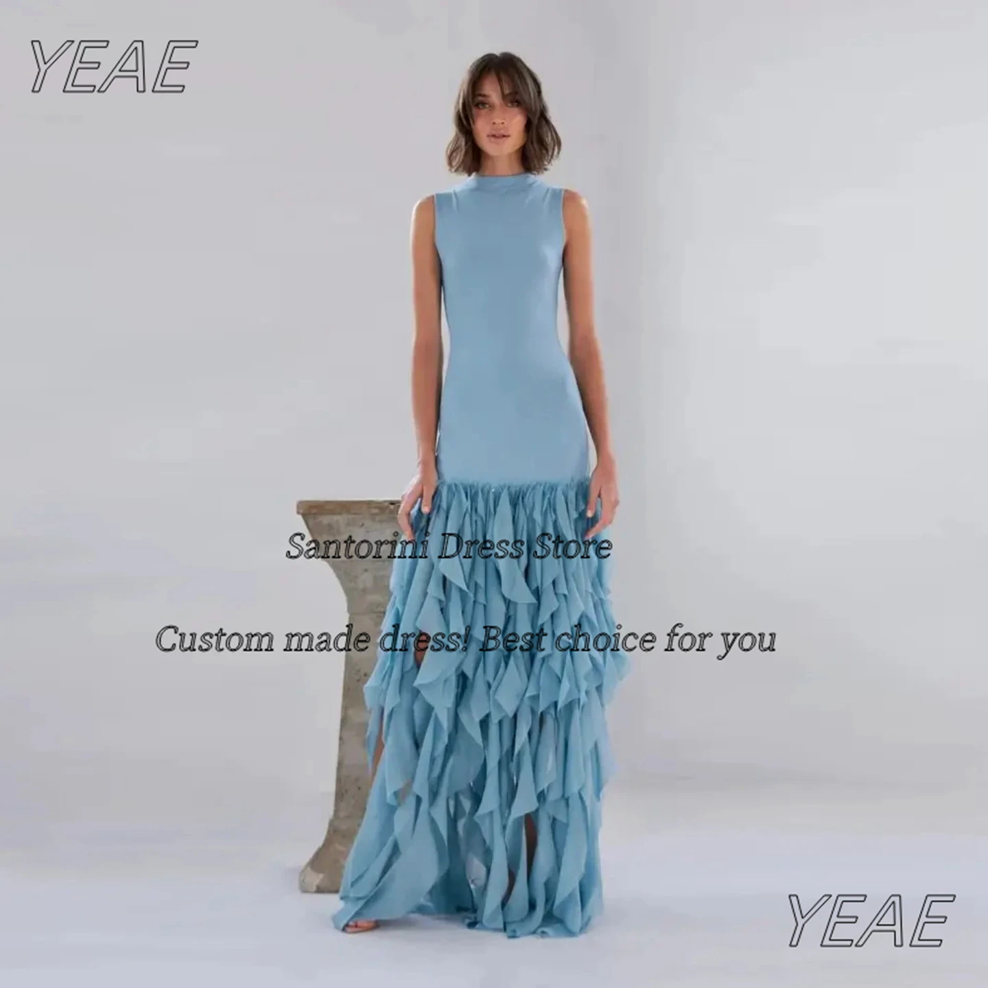 

Santorini Modern High Collar Prom Dresses Sleeveless Customized Party Dress Ruffles Chiffon Sexy Bride Wear Evening Gowns