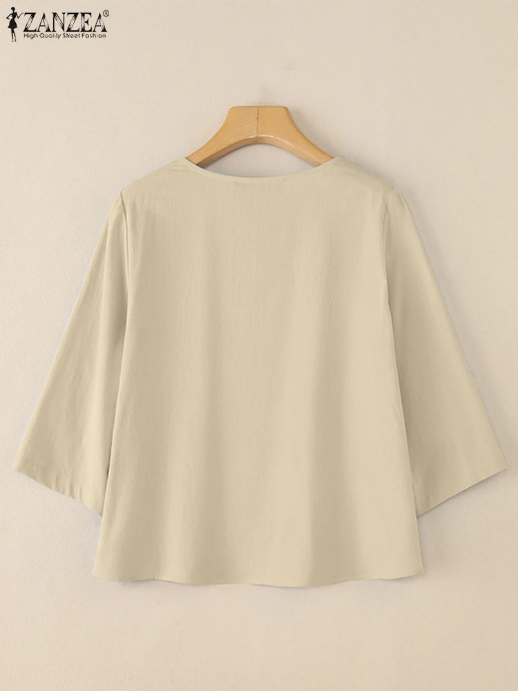 2025 ZANZEA بلوزات الخريف النساء خمر ملابس علوية من القطن 3/4 كم غير النظامية الرقبة Blusas أنيقة مطوي قميص العمل Mujer فام