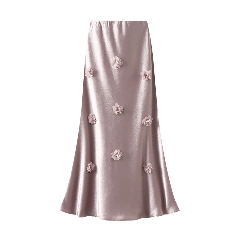 New 2025 Women 3D Floral Satin Long Skirts Female Fashion Elegant High Waist A-line Skirt