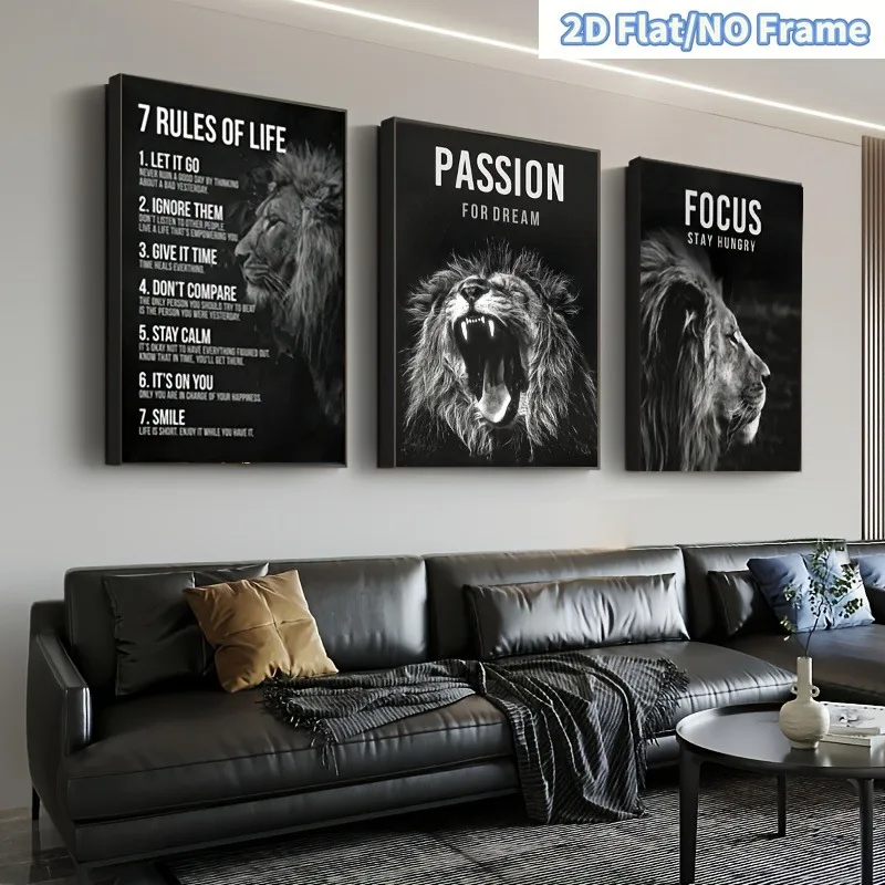 （NoFrame 3pcs）-2D Flat, 2D Flat Frameless 3pcs Black and White Lion Inspirational Poster Set, Showcasing 7 Life Principles Th