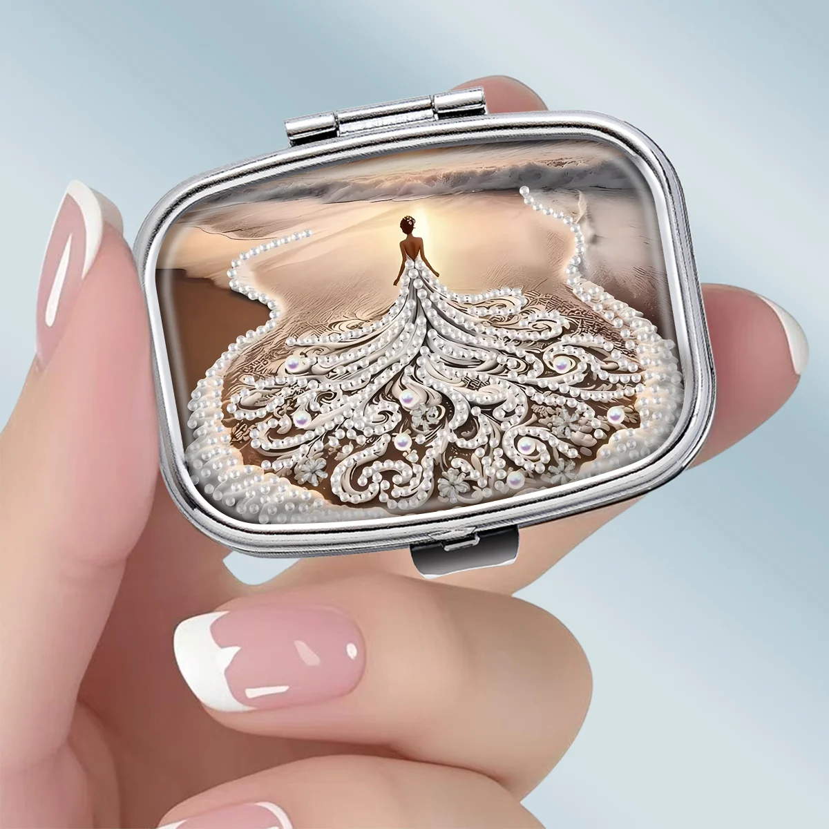 1PC Pearl Dress Goddess Illustration Theme Pattern Square 2-Compartment Pill Box - Portable Medicine and Vitamin Storage Box, suitable for hand-carrying or travel use, unique small gift, wallet pill box
