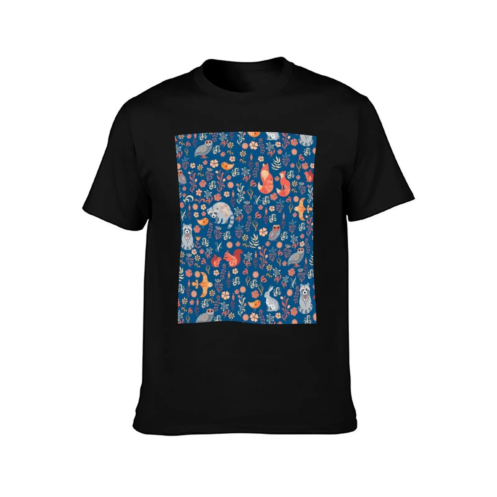 Fairy-tale forest. Fox bear raccoon owls rabbits flowers and herbs on a white background. Seamless pattern. T-Shirt