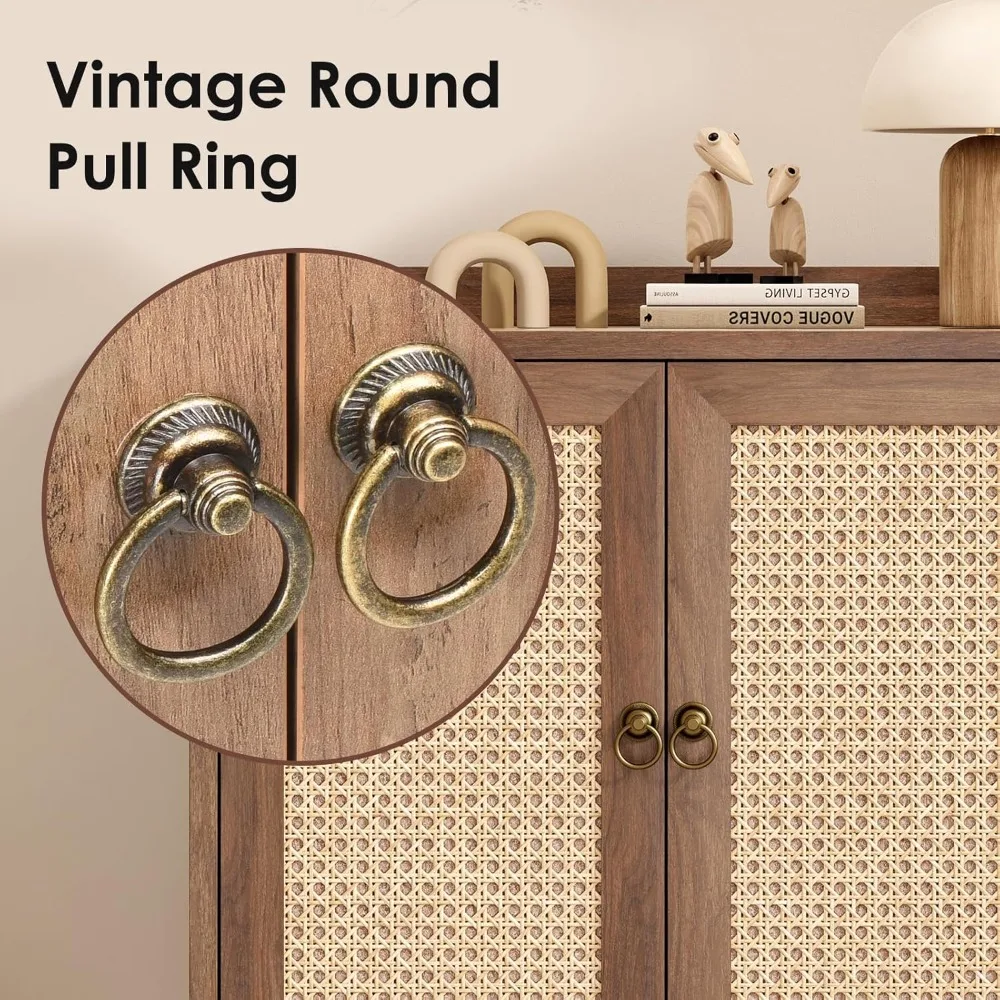 خزانة بوفيه جانبية مع مساحة تخزين مع أبواب مزينة بالروطان، وخزائن جانبية عتيقة لغرفة الطعام، وغرفة المعيشة، والممر، على شكل حرف V #6