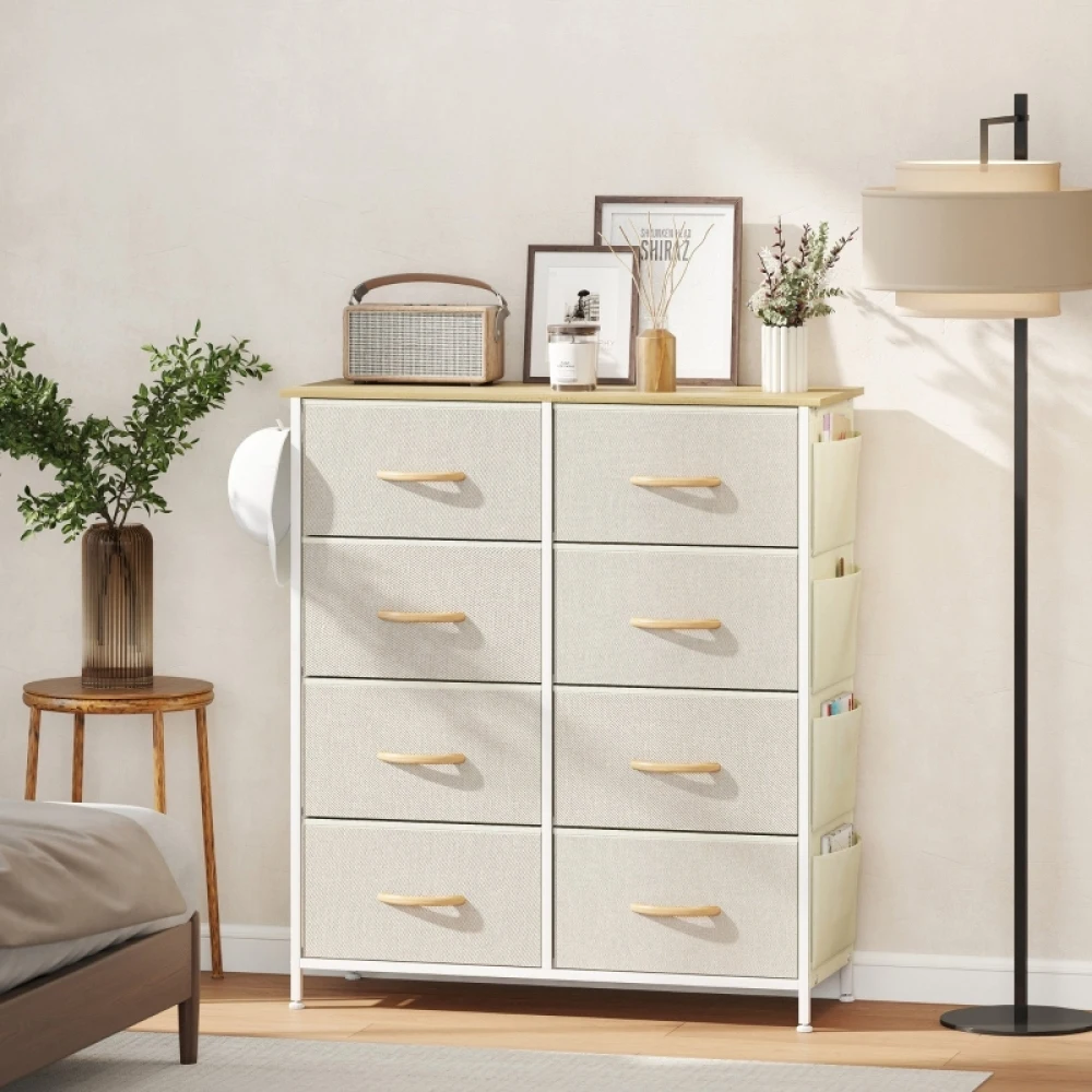 Cómoda para dormitorio con 8 cajones de tela, soportes de acero, superficie de madera, 4 bolsillos de almacenamiento, 2 ganchos, color beige
